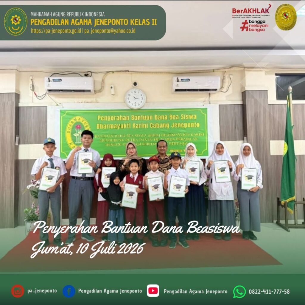 DUKUNG MASA DEPAN GENERASI PENERUS, WAKIL KETUA PA JENEPONTO HADIRI PENYERAHAN BANTUAN DANA BEASISWA DHARMAYUKTI KARINI