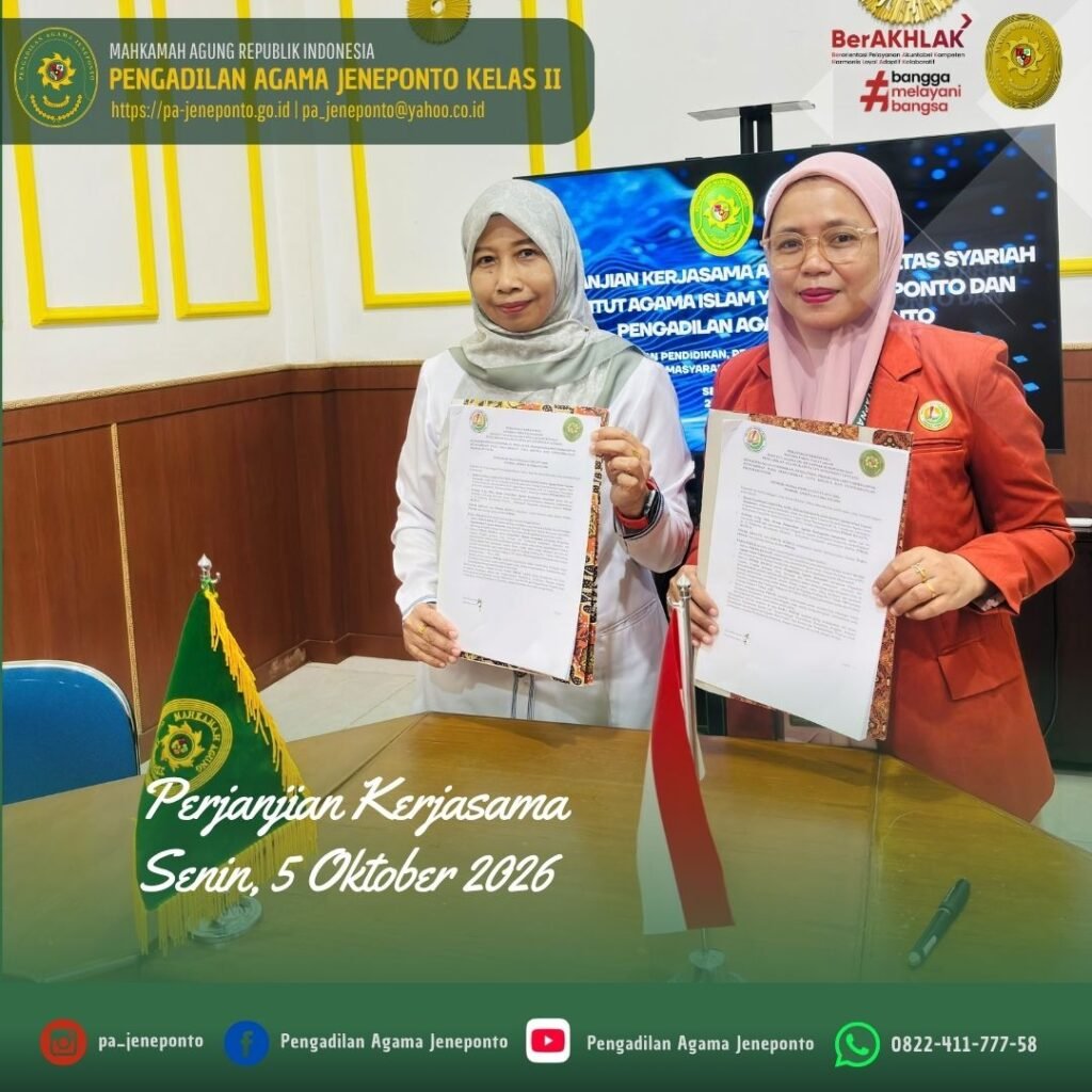 PA JENEPONTO DAN FAKULTAS SYARI’AH INSTITUT AGAMA ISLAM YAPNAS JENEPONTO TANDATANGANI PERJANJIAN KERJA SAMA
